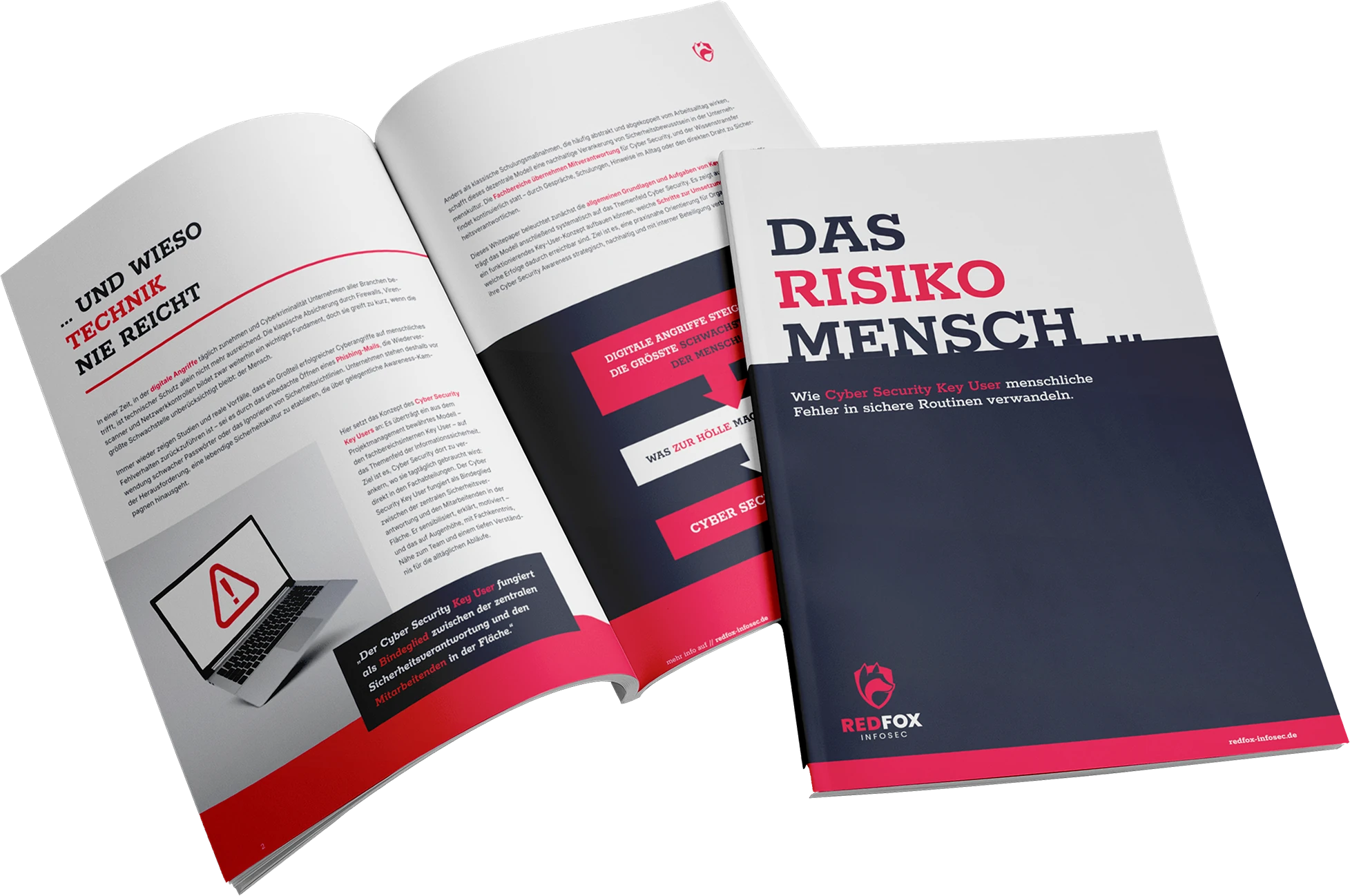 Whitepaper von RedFox InfoSec „Das Risiko Mensch … Wie Cyber Security Key User menschliche Fehler in sichere Routinen verwandeln“, daneben aufgeschlagen