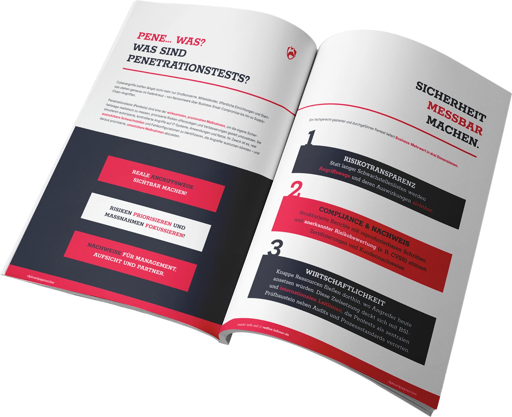 Aufgeschlagenes Whitepaper von RedFox InfoSec: „Pene… was? Was sind Penetrationstests?“ und „Sicherheit messbar machen“